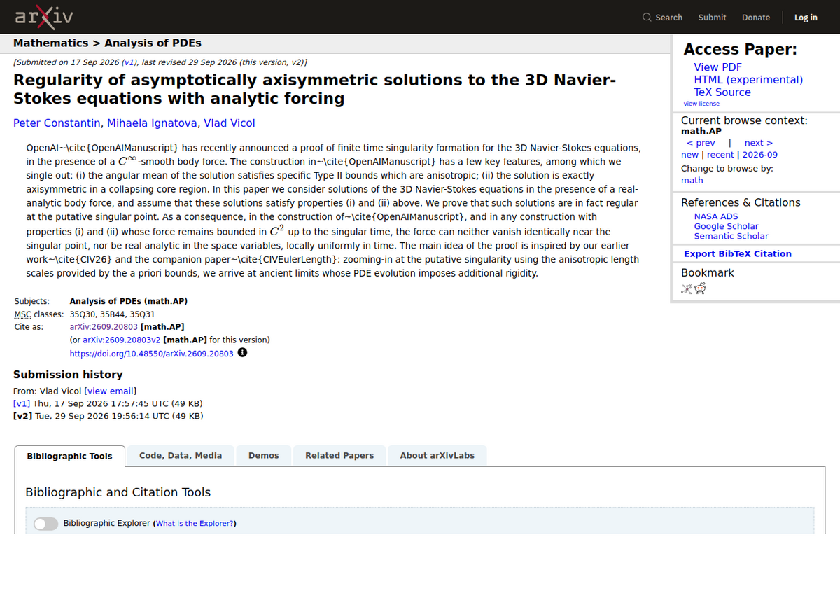 arXiv listing for "Regularity of asymptotically axisymmetric solutions to the 3D Navier-Stokes equations with analytic forcing" by Peter Constantin, Mihaela Ignatova, and Vlad Vicol, submitted 17 September 2026, directly citing and responding to OpenAI's manuscript.