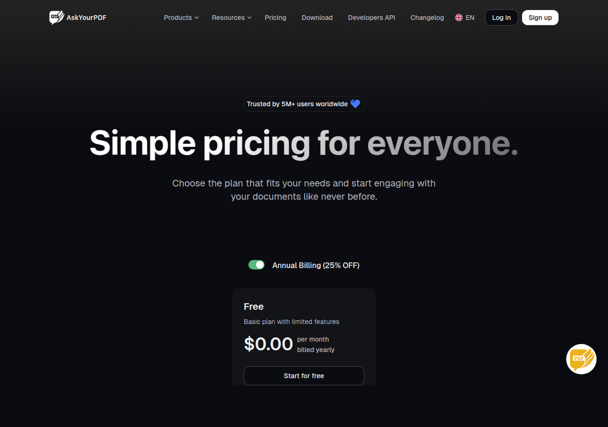 askyourpdf.comの料金ページ。「Simple pricing for everyone」という見出し、25%割引の年払い切り替えトグル、月額0.00ドルから始まるFreeプランのカードが表示されている。