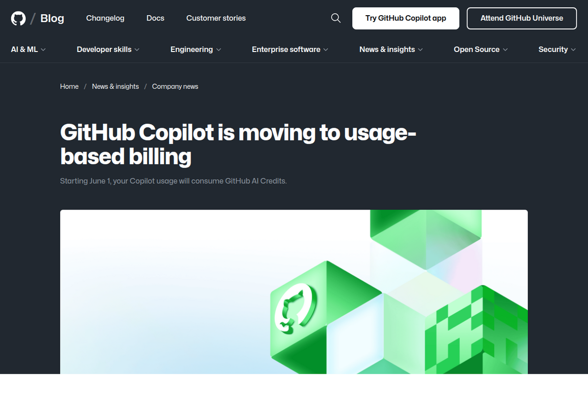 La entrada oficial del blog de GitHub 'GitHub Copilot is moving to usage-based billing', con el subtítulo 'Starting June 1, your Copilot usage will consume GitHub AI Credits'.