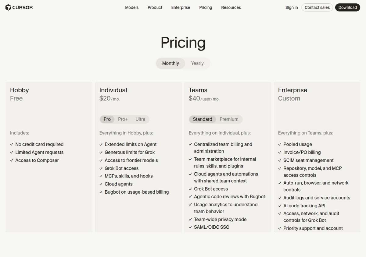 La página oficial de precios de Cursor, con cuatro niveles: Hobby (Gratis), Individual (20 $/mes, con selector Pro/Pro+/Ultra), Teams (40 $/usuario/mes) y Enterprise (a medida).