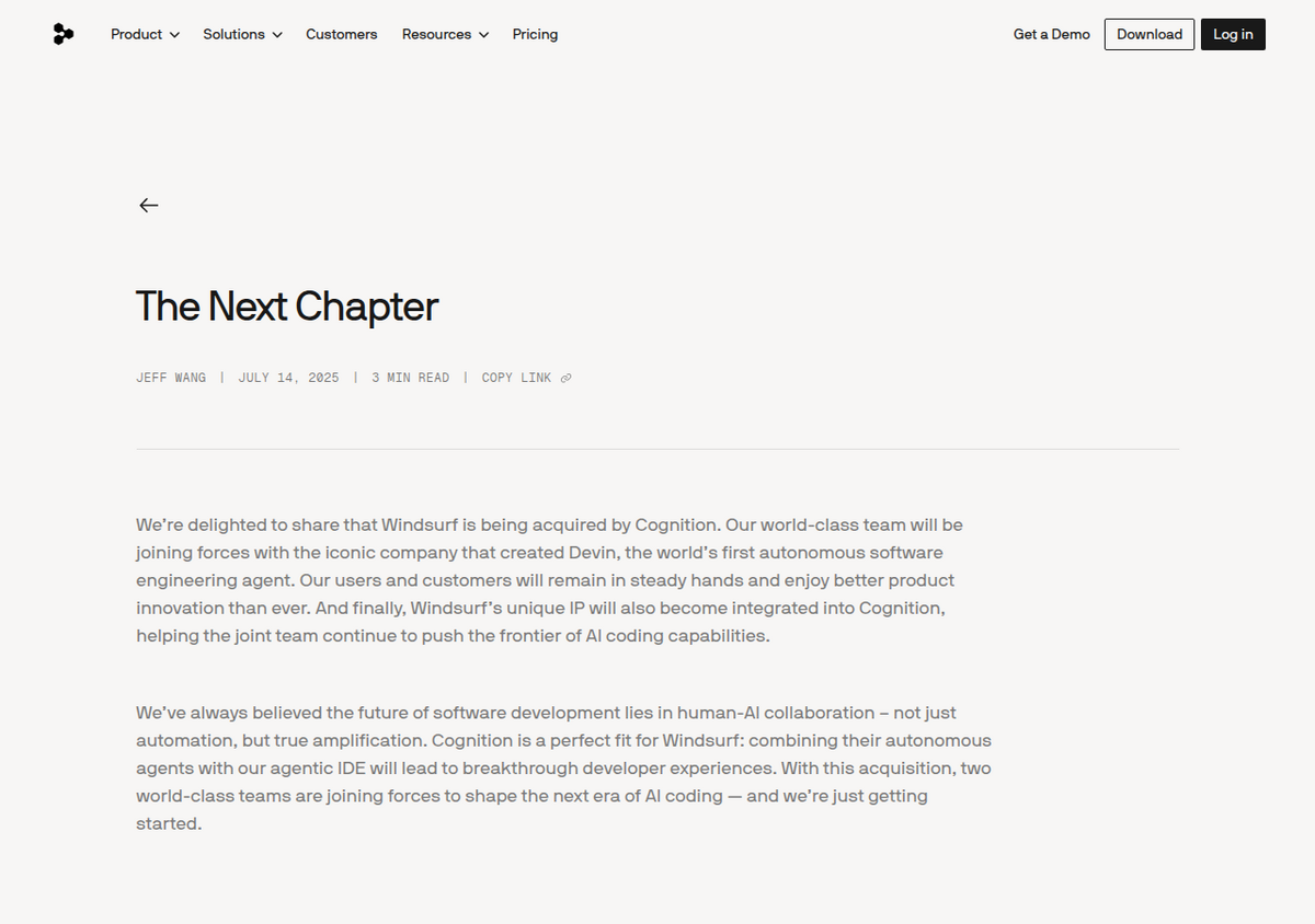 La entrada del blog de Cognition 'The Next Chapter', que anuncia la adquisición de Windsurf, fechada el 14 de julio de 2025 (la propia marca Windsurf se retiró e integró en Devin Desktop el año siguiente).