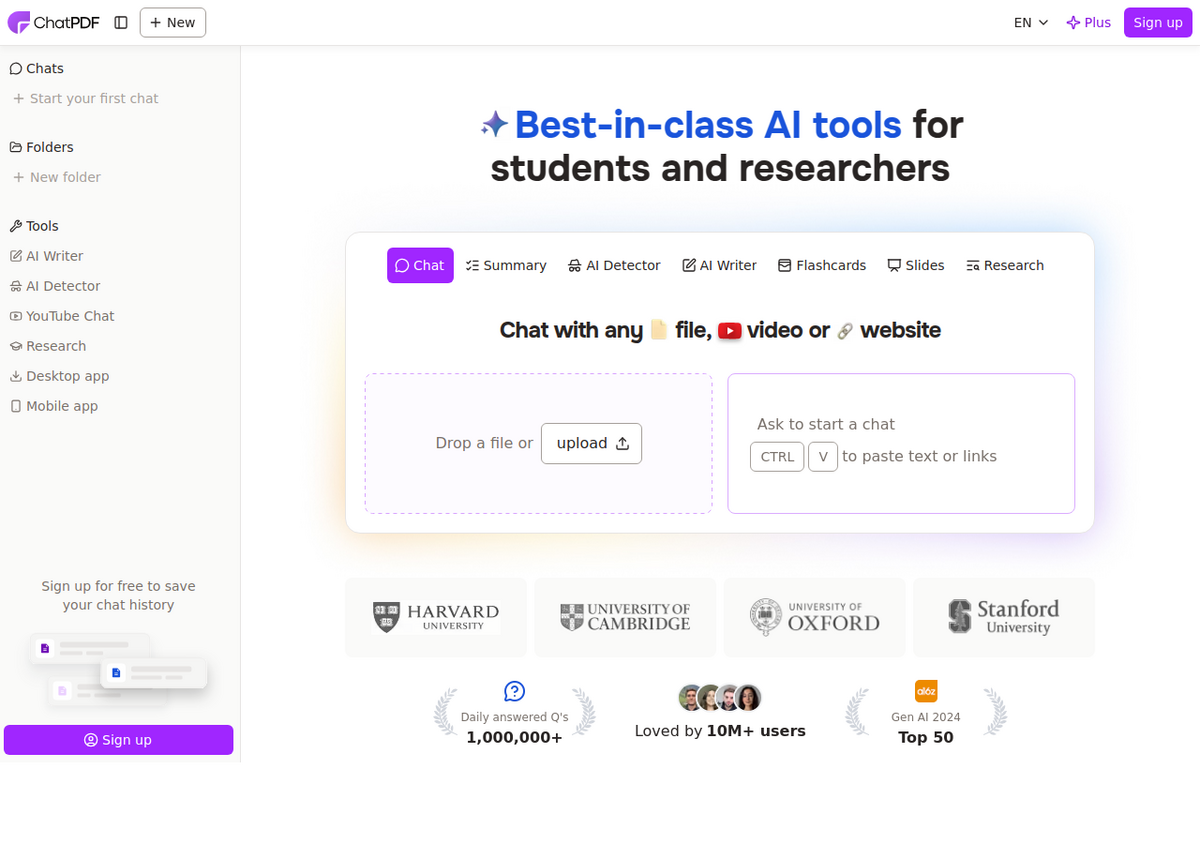 ChatPDF's homepage showing its chat interface with tabs for Chat, Summary, AI Detector, AI Writer, Flashcards, Slides and Research, and a file-upload area for chatting with a PDF, video or website