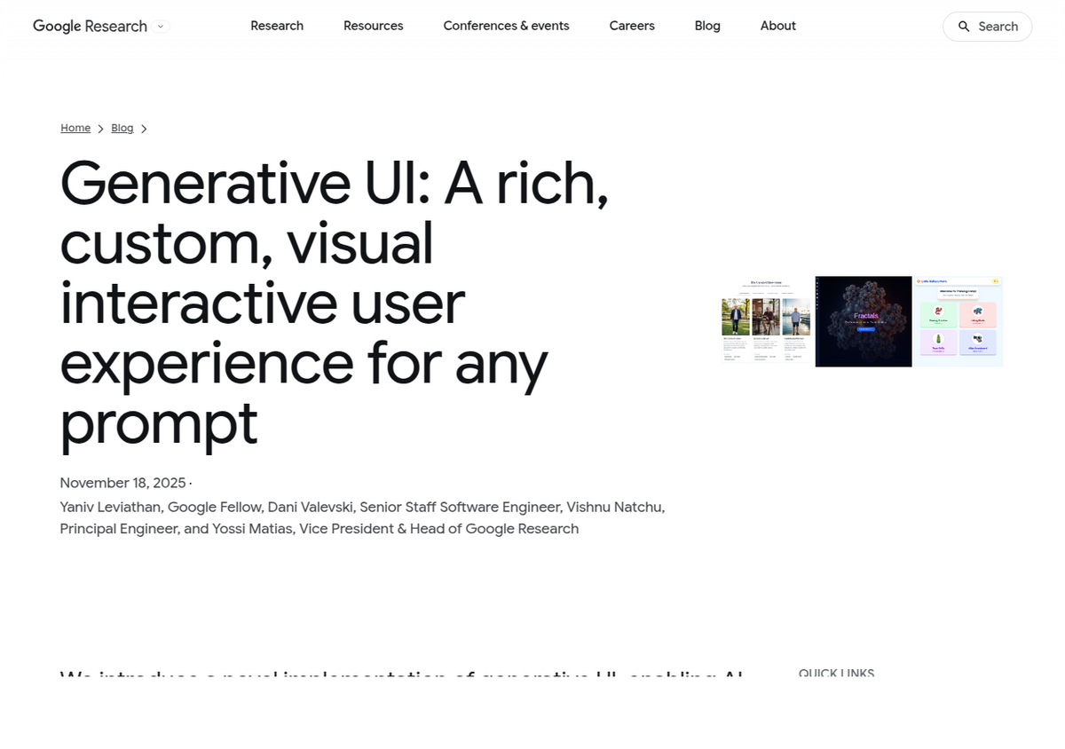 Google Researchのブログ記事『Generative UI: A rich, custom, visual interactive user experience for any prompt』、著者Yaniv Leviathan氏ら