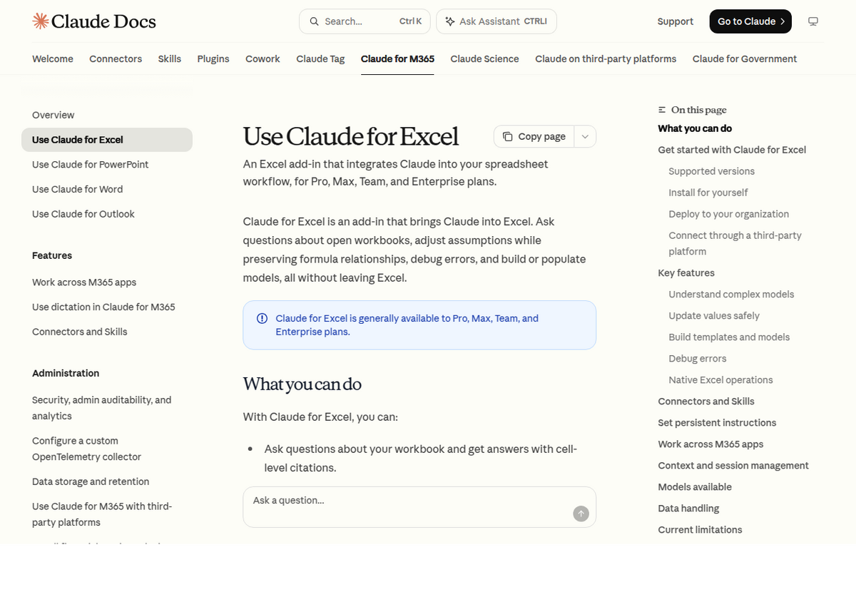 Anthropics Claude-Docs-Seite 'Use Claude for Excel', mit der Beschreibung 'An Excel add-in that integrates Claude into your spreadsheet workflow, for Pro, Max, Team, and Enterprise plans' und dem Hinweis, dass Claude für Excel für diese Pläne allgemein verfügbar ist.