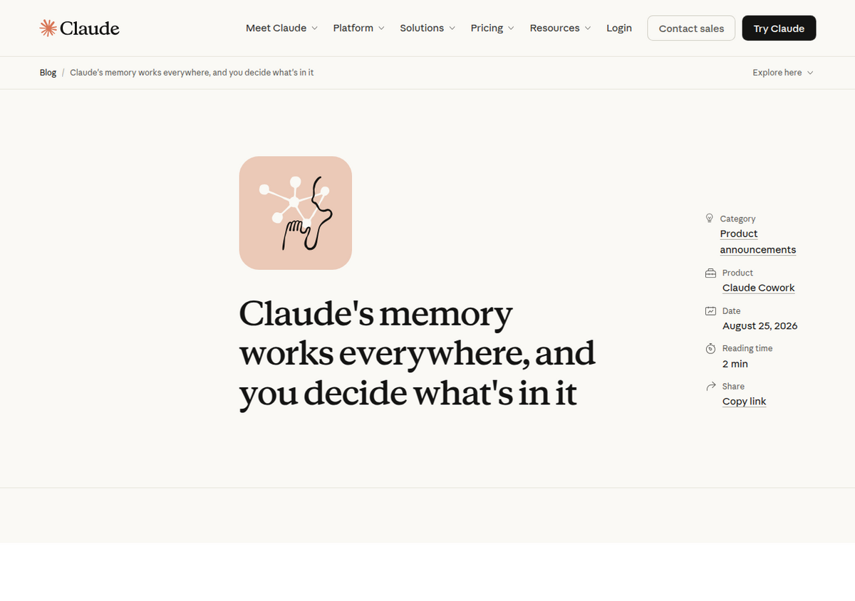 Article officiel du blog d'Anthropic annonçant que la mémoire de Claude fonctionne désormais à la fois dans le chat et dans Claude Cowork, daté du 25 août 2026