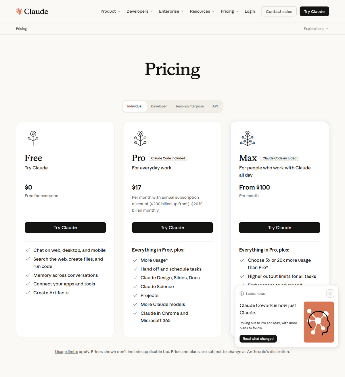 Anthropics Preisseite zeigt die Plan-Karten Free, Pro (17 $/Monat jährlich, 20 $/Monat monatlich) und Max (ab 100 $/Monat) für Einzelpersonen, mit einem Popup-Text „Claude Cowork is now just Claude, rolling out to Pro and Max."