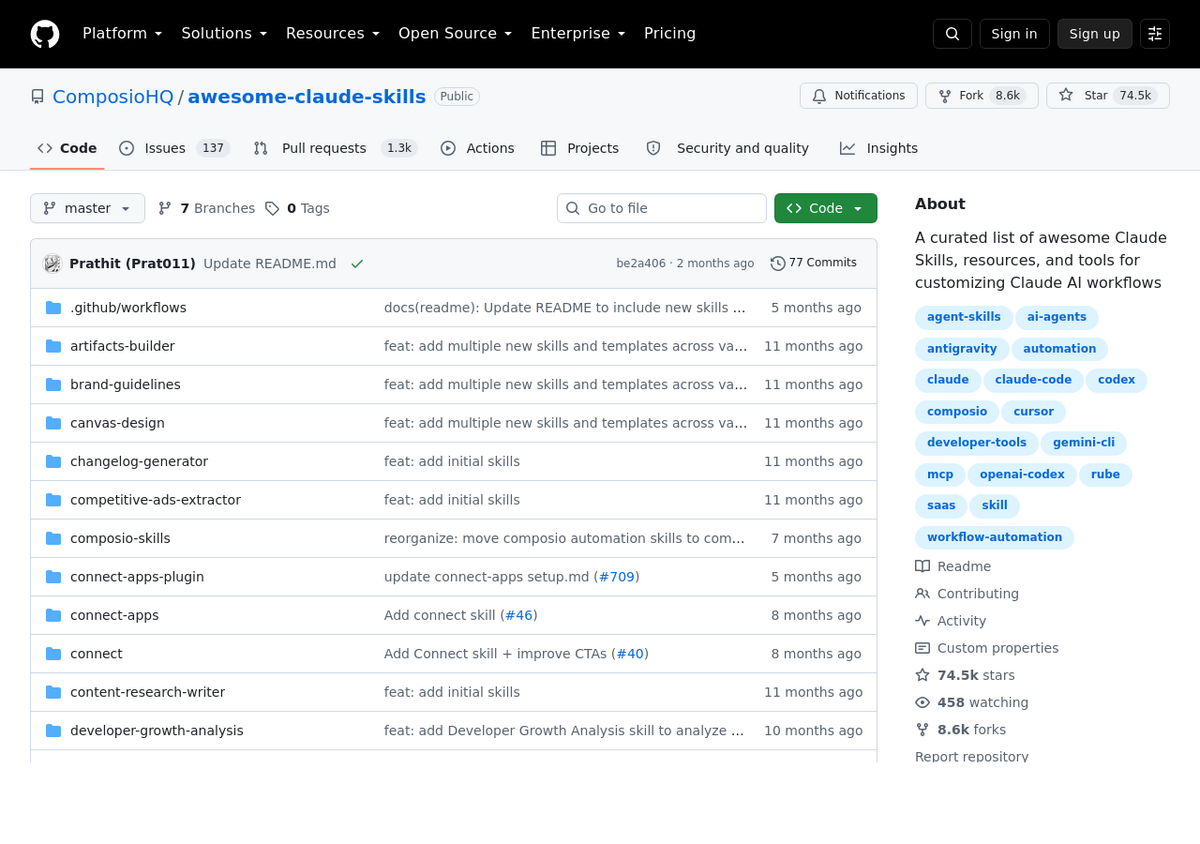 ComposioHQ/awesome-claude-skills GitHub रिपॉज़िटरी पेज, जिसमें 74.5k स्टार, 8.6k फ़ोर्क और चेंजलॉग-जनरेटर, कनेक्ट-ऐप्स, ब्रांड-गाइडलाइंस जैसे अलग-अलग skill फ़ोल्डर की एक डायरेक्टरी लिस्टिंग दिख रही है।