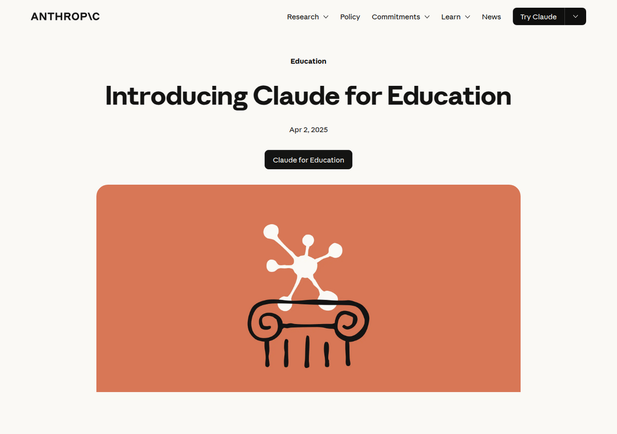 Page officielle d'Anthropic annonçant Claude for Education