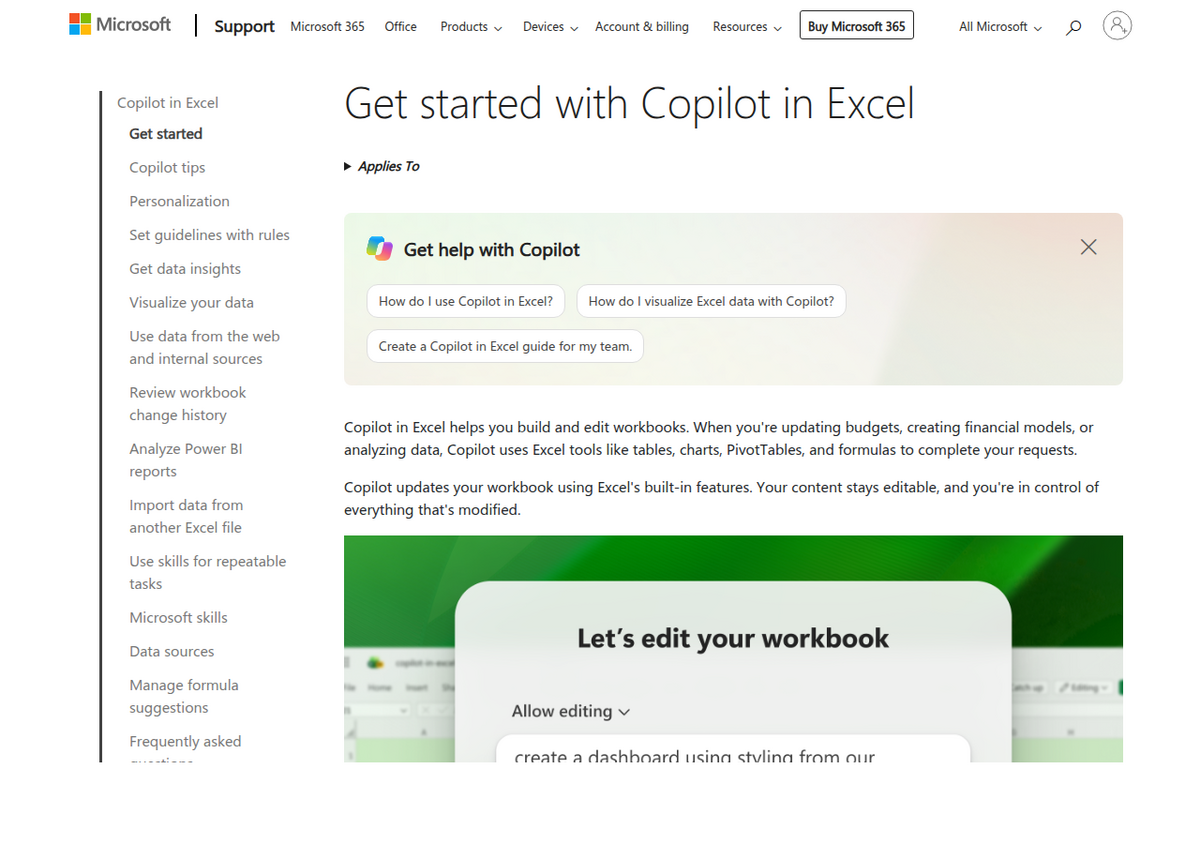 Microsofts Support-Seite 'Get started with Copilot in Excel', die beschreibt, wie Copilot Excel-Werkzeuge wie Tabellen, Diagramme, PivotTables und Formeln nutzt, um Anfragen zu erfüllen und dabei Inhalte bearbeitbar zu halten.