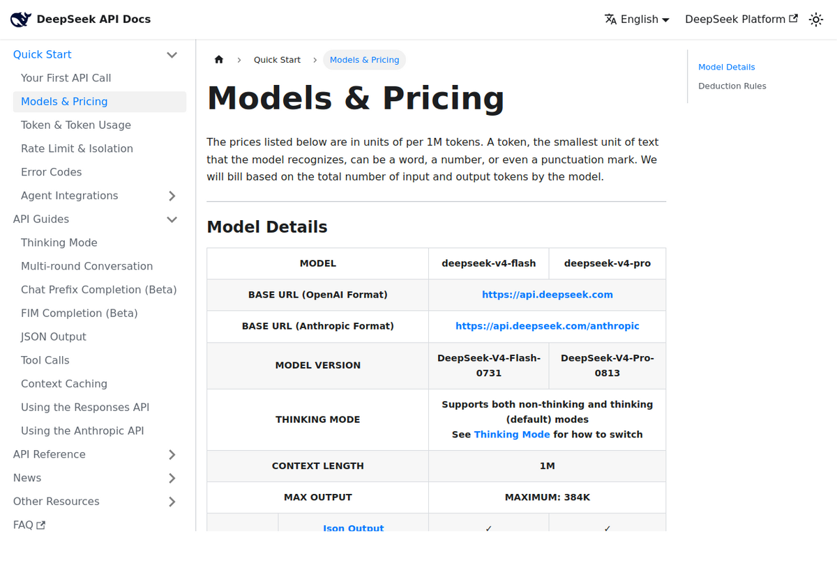 DeepSeek's own API documentation page showing the Models & Pricing table for deepseek-v4-flash and deepseek-v4-pro, including base URLs, model versions and context length
