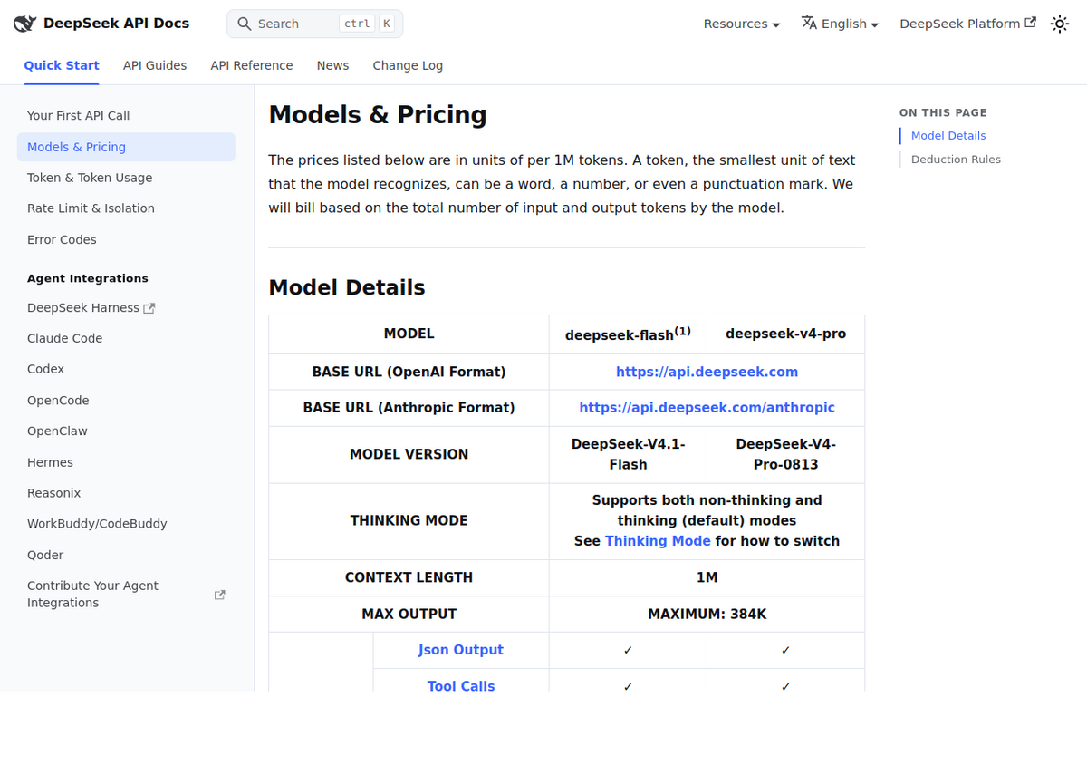 DeepSeek API documentation 'Models & Pricing' page showing the deepseek-flash and deepseek-v4-pro model details table, including model version, context length and max output.