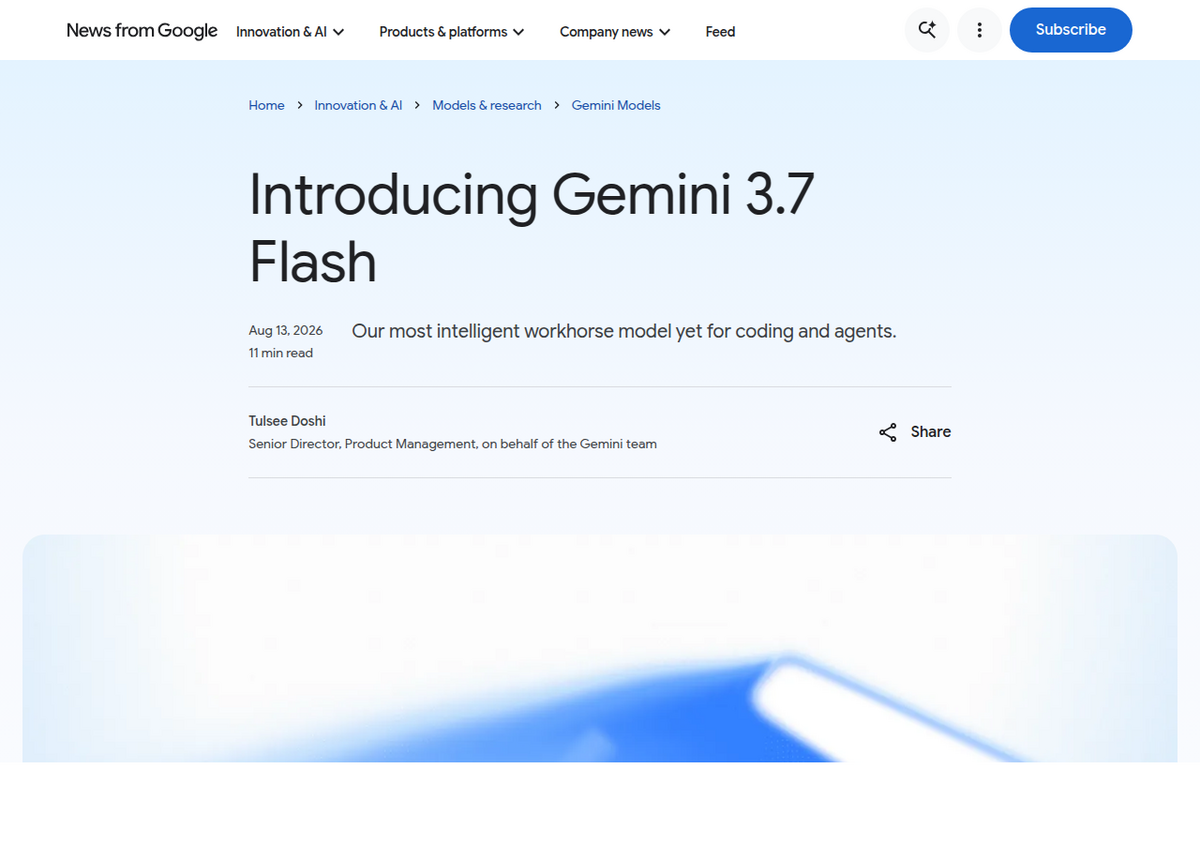 Post oficial do blog do Google 'Introducing Gemini 3.7 Flash', datado de 13 de agosto de 2026, assinado por Tulsee Doshi, Senior Director of Product Management.
