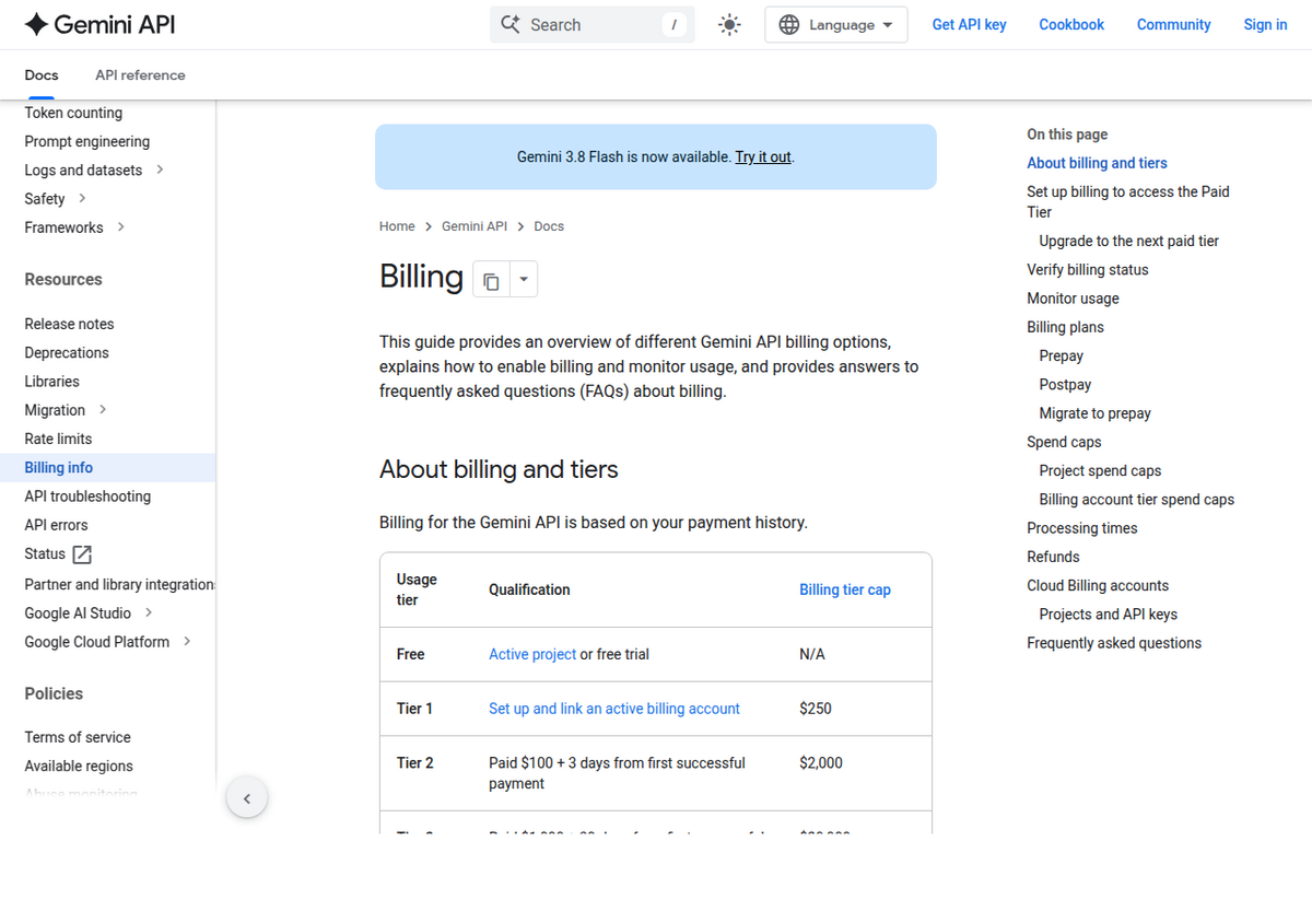 A página oficial de documentação de cobrança da API do Gemini do Google, mostrando a tabela de níveis de uso (Free, Tier 1 em US$ 250, Tier 2 em US$ 2.000) e um sumário listando tetos de gastos e planos de cobrança Prepay/Postpay.