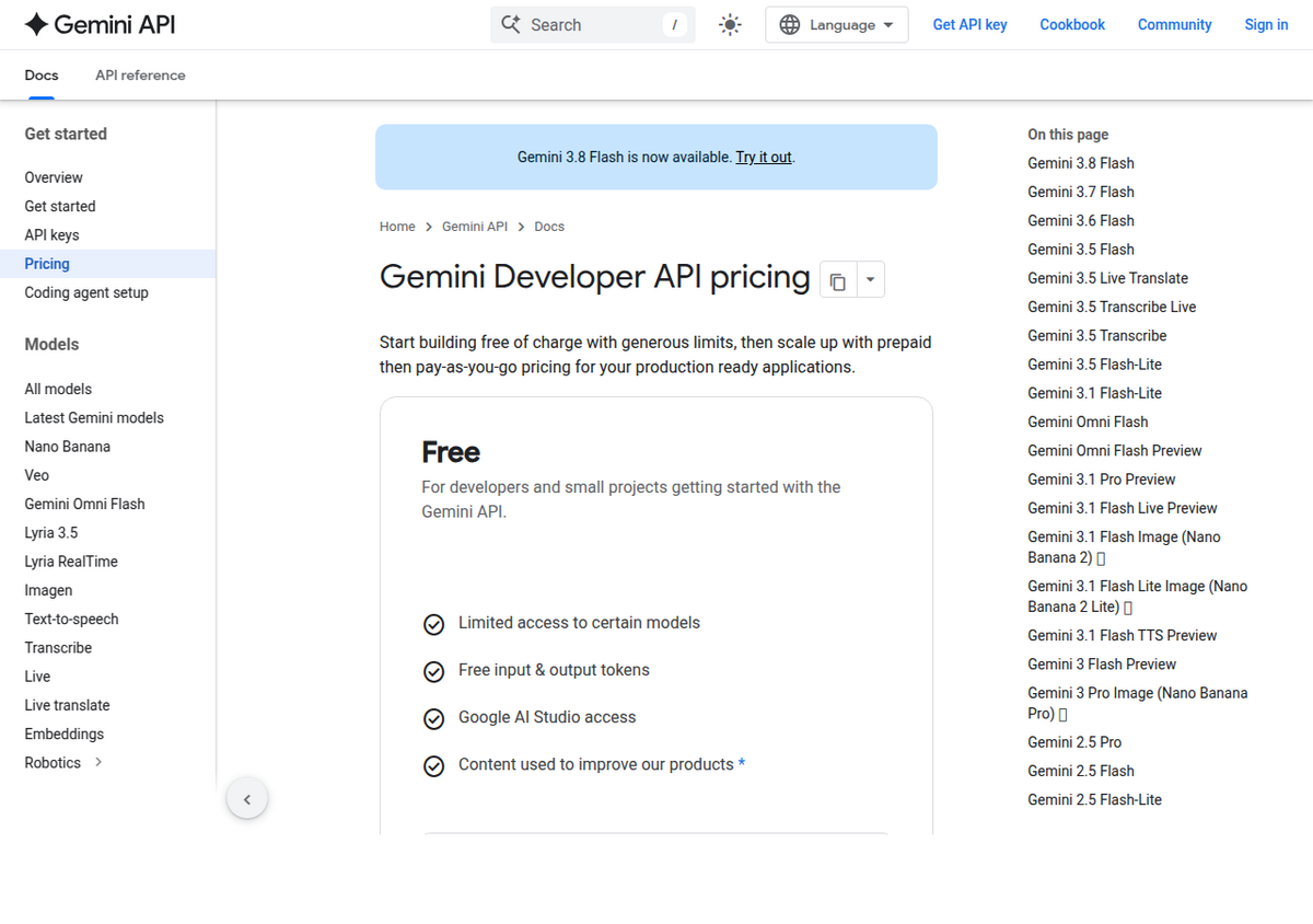A página oficial de preços da Gemini Developer API do Google, mostrando a lista de benefícios do plano gratuito e um banner anunciando que o Gemini 3.8 Flash já está disponível.
