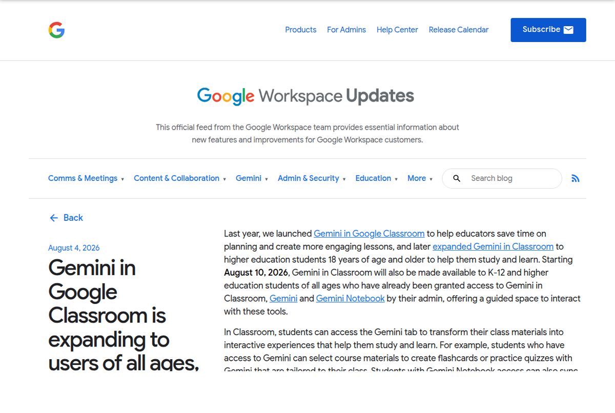 The Google Workspace Updates blog post dated August 4, 2026, headlined 'Gemini in Google Classroom is expanding to users of all ages', with body text describing the 10 August availability date.