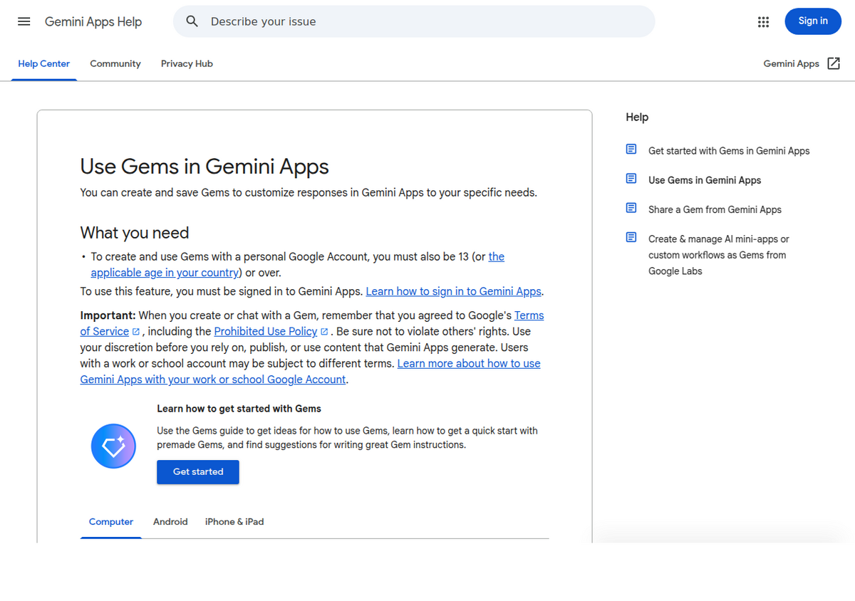 La page d'aide officielle de Google « Use Gems in Gemini Apps », source primaire (plus bas sur la même page) confirmant que la base de connaissances d'un Gem peut inclure un notebook Gemini Notebook attaché.