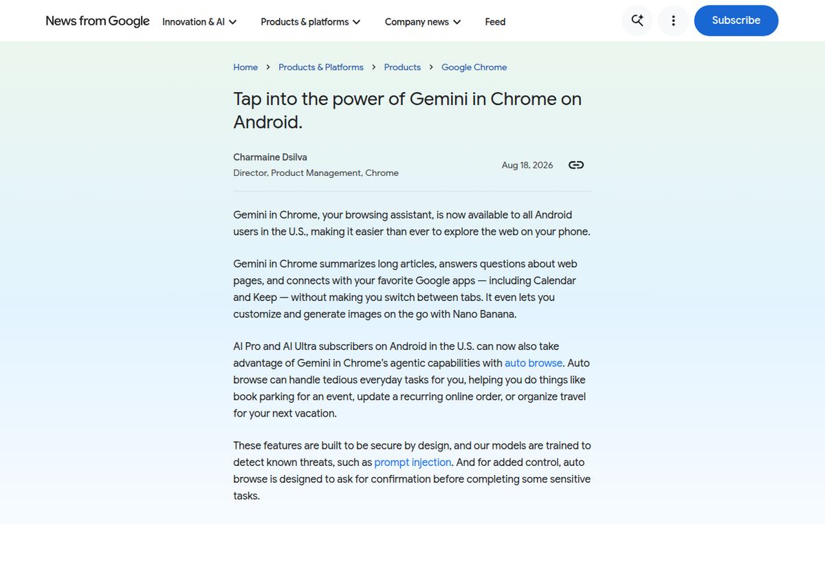 Google's official blog post announcing Gemini in Chrome's expansion to all US Android users, with Auto Browse for AI Pro and AI Ultra subscribers