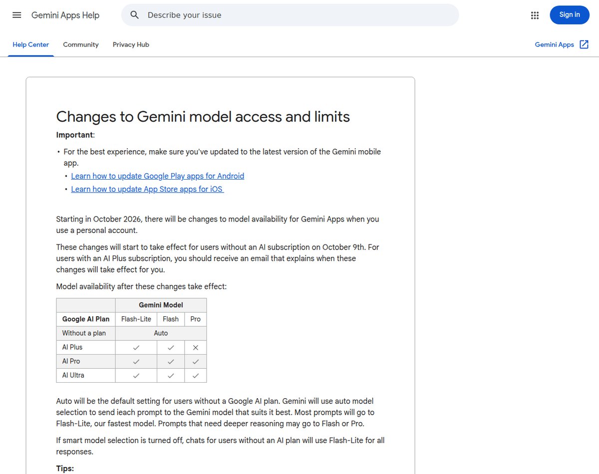 Página de Ajuda do Gemini Apps do Google intitulada 'Changes to Gemini model access and limits', afirmando que as mudanças entram em vigor para usuários sem assinatura de IA em 9 de outubro, com uma tabela mostrando: Sem plano usa o Auto; AI Plus tem checks para Flash-Lite e Flash mas um X para Pro; AI Pro e AI Ultra têm checks para os três modelos.