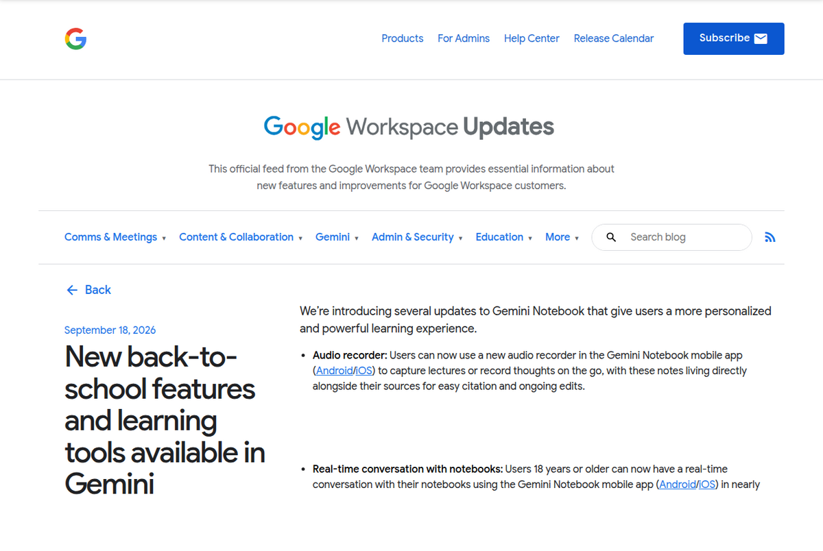 Google Workspace Updates blog post dated September 18, 2026, titled 'New back-to-school features and learning tools available in Gemini Notebook', listing the audio recorder and real-time conversation features.