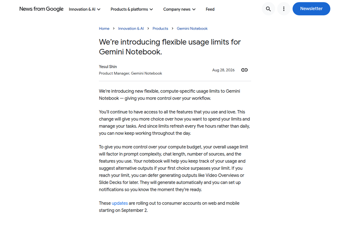 Article officiel du blog de Google intitulé « We're introducing flexible usage limits for Gemini Notebook », daté du 28 août 2026
