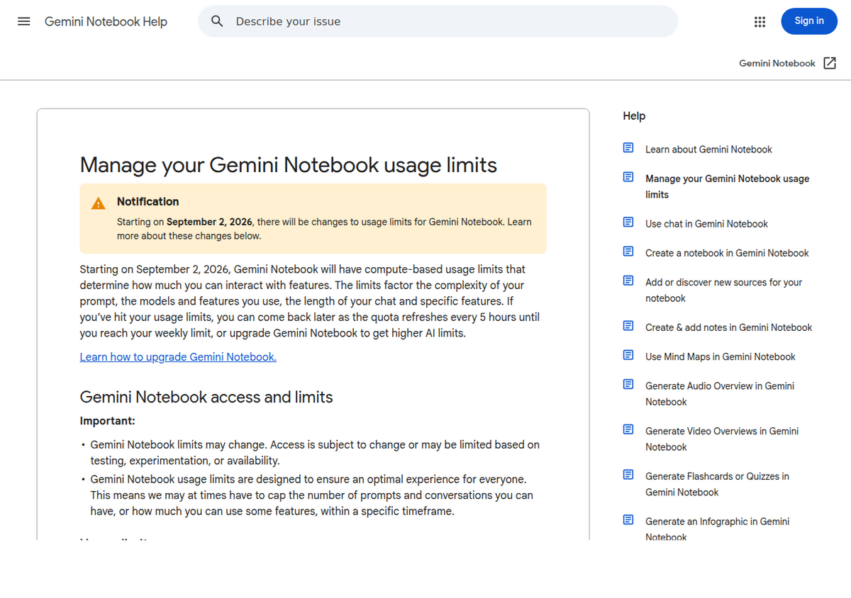 Page d'aide Gemini Notebook de Google, déjà mise à jour avant le lancement, affichant une bannière de notification : « Starting on September 2, 2026, there will be changes to usage limits for Gemini Notebook »