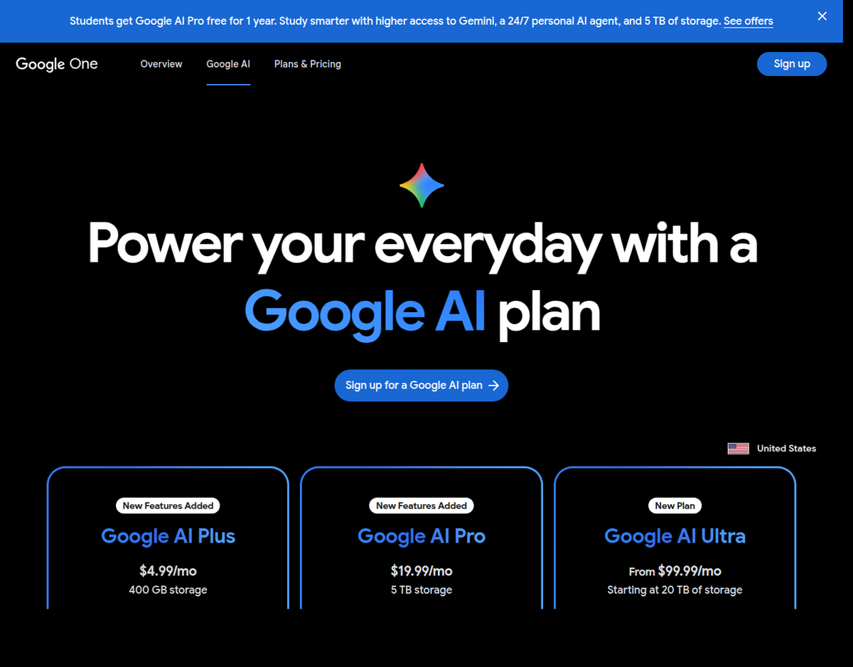 Google One's official Google AI plans page showing Google AI Plus at $4.99/mo with 400GB storage, Google AI Pro at $19.99/mo with 5TB storage, and Google AI Ultra starting at $99.99/mo with 20TB storage.