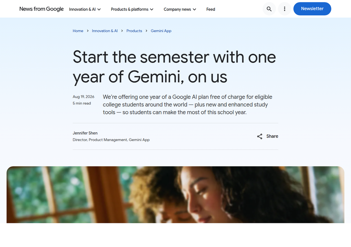 Google's official blog post titled 'Start the semester with one year of Gemini, on us,' announcing the free student AI Pro offer