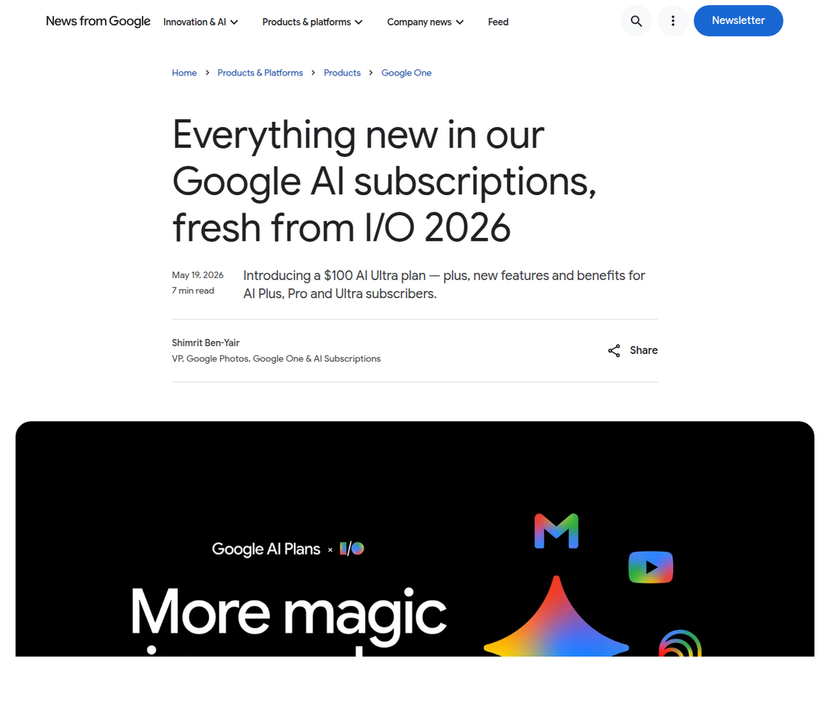 Article officiel du blog Google intitulé « Everything new in our Google AI subscriptions, fresh from I/O 2026 », daté du 19 mai 2026, annonçant le nouveau forfait AI Ultra à 100 $