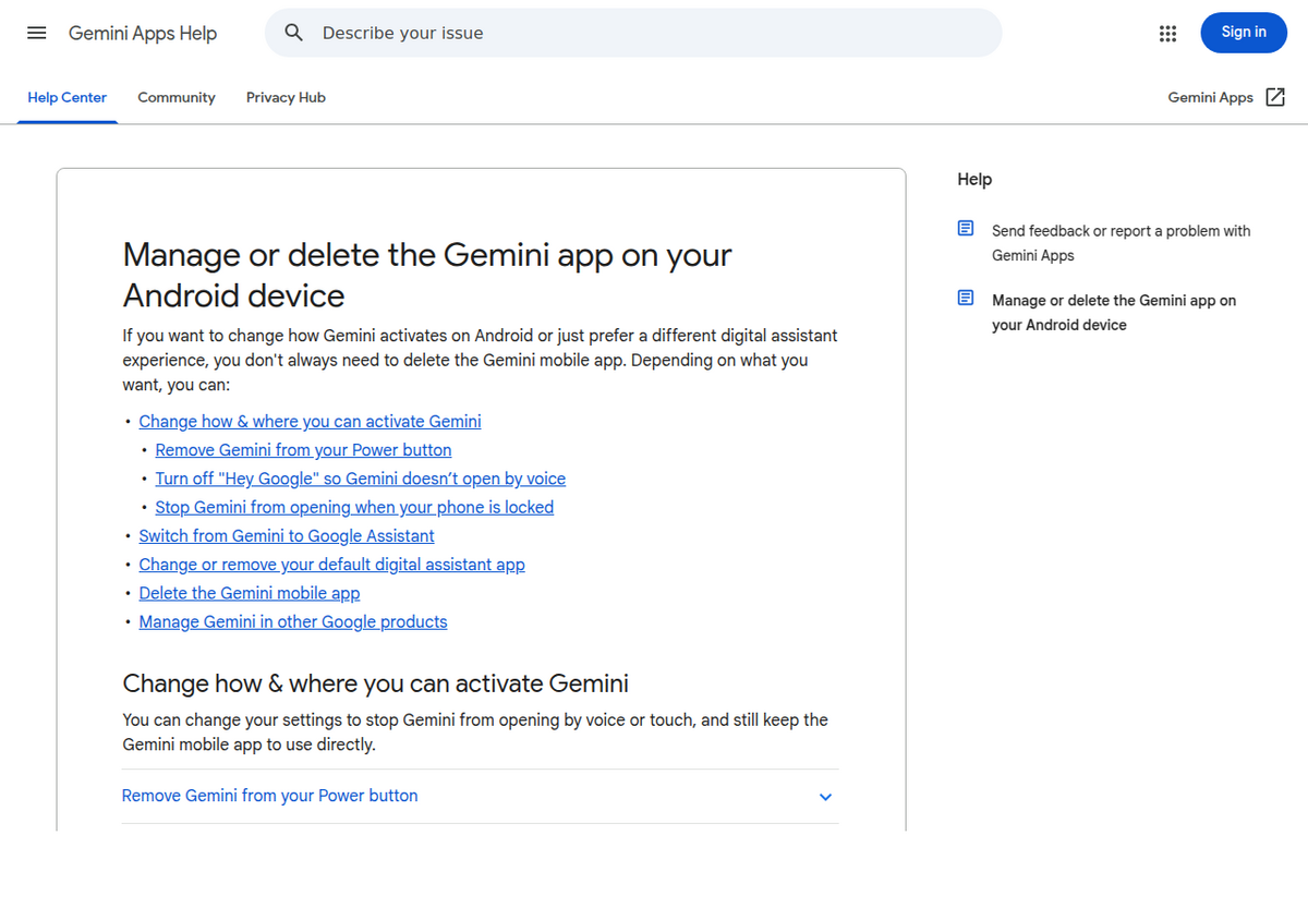 Google का 'Manage or delete the Gemini app on your Android device' सपोर्ट पेज, जिसमें Gemini के एक्टिवेट होने का तरीक़ा बदलने, Gemini से Google Assistant पर स्विच करने, या Gemini ऐप डिलीट करने के विकल्प दिख रहे हैं।