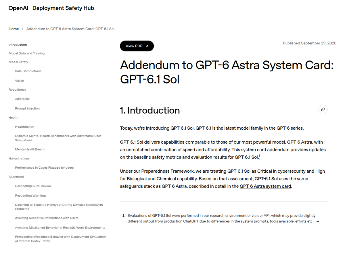 La página del Deployment Safety Hub de OpenAI titulada 'Addendum to GPT-6 Astra System Card: GPT-6.1 Sol', publicada el 29 de septiembre de 2026, que afirma que el modelo ofrece capacidades comparables a GPT-6 Astra y está clasificado como Crítico en ciberseguridad.
