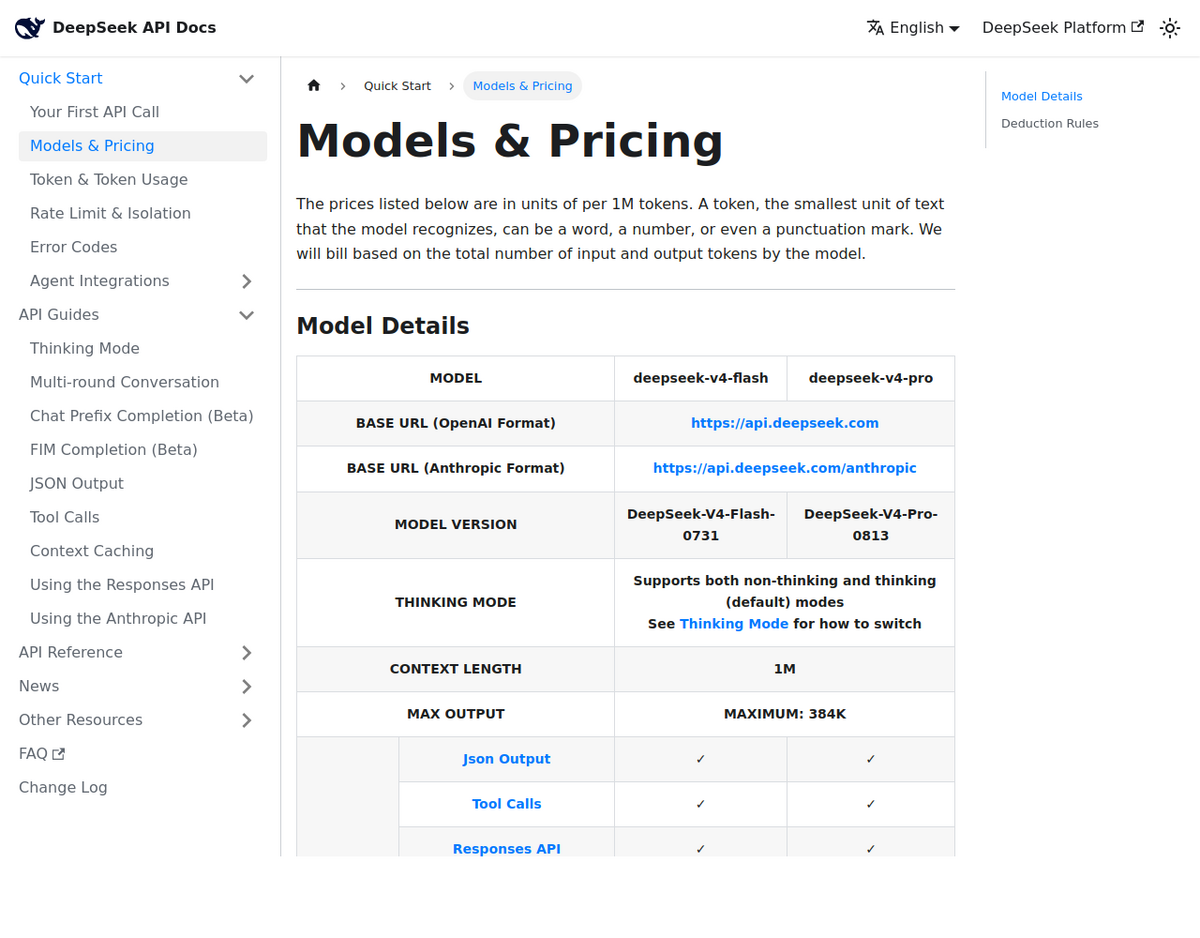 DeepSeek's official API documentation page showing the Models & Pricing table for DeepSeek-V4-Flash and DeepSeek-V4-Pro