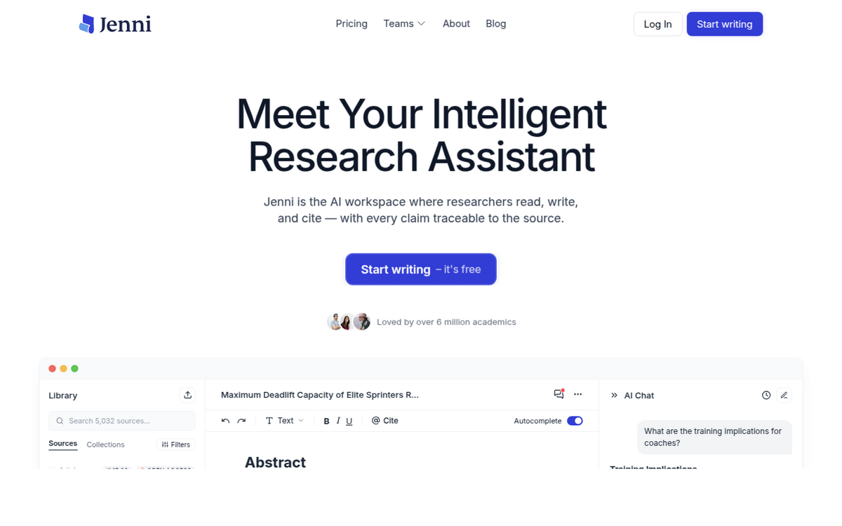 La página de inicio de Jenni AI en jenni.ai, con el titular «Meet Your Intelligent Research Assistant» sobre una captura del espacio de trabajo de escritura, con una biblioteca de fuentes, el editor de documentos y el panel de AI Chat.