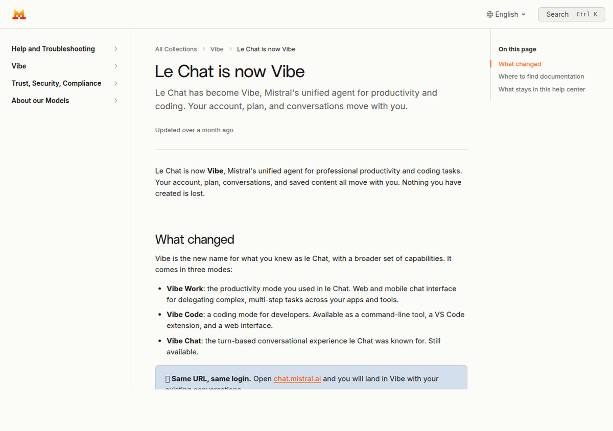Mistralのヘルプセンター記事『Le Chat is now Vibe』のタイトル画面。Le ChatがMistralの生産性・コーディング向け統合エージェントVibeになったことを説明し、Vibe Work、Vibe Code、Vibe Chatという3つのモードを紹介している。
