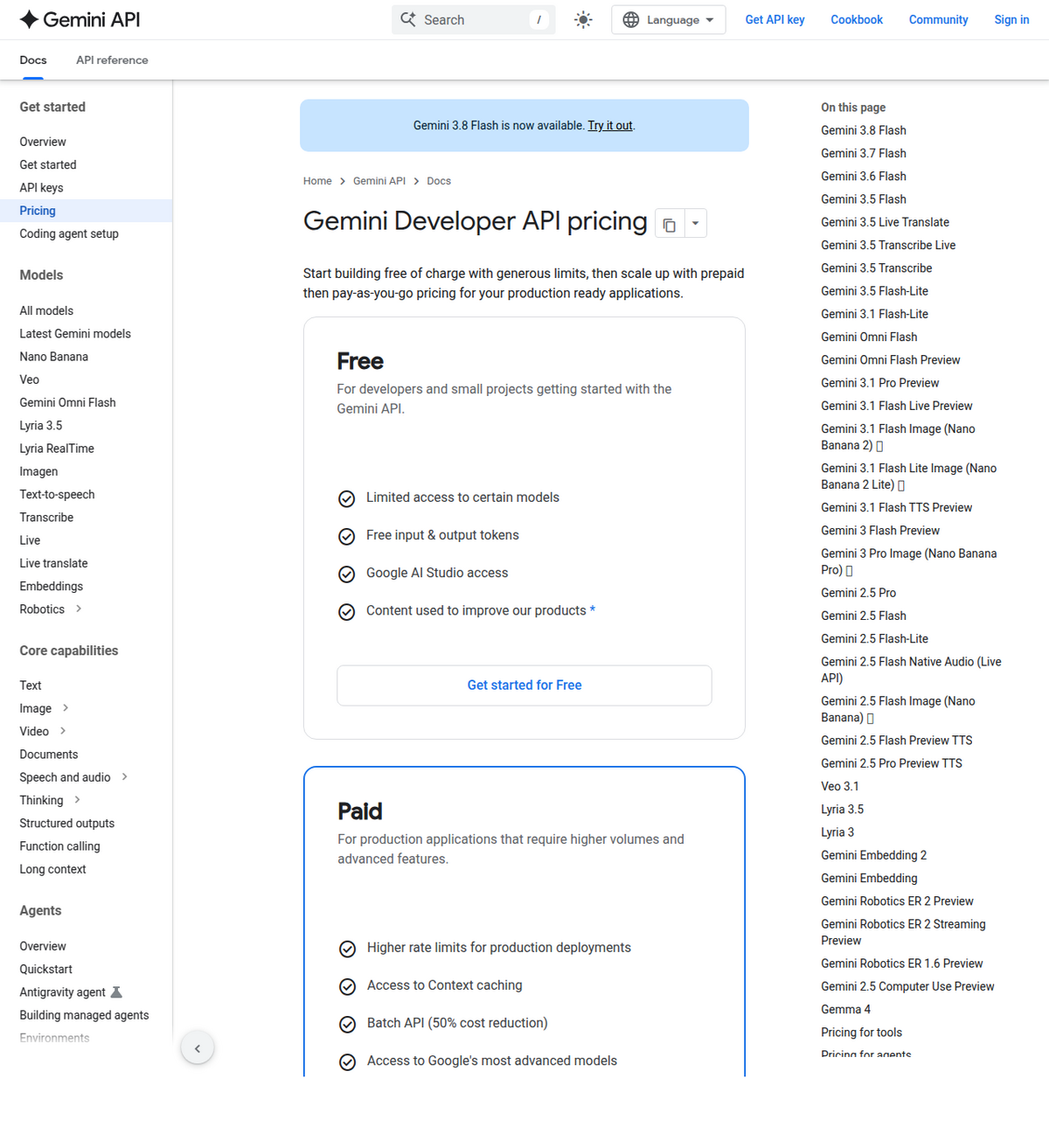 Página de preços da Gemini Developer API do Google, com uma barra lateral listando 'Gemini 3.1 Flash Image (Nano Banana 2)' e 'Gemini 3 Pro Image (Nano Banana Pro)' como modelos separados, acima de cartões de visão geral dos planos gratuito e pago.