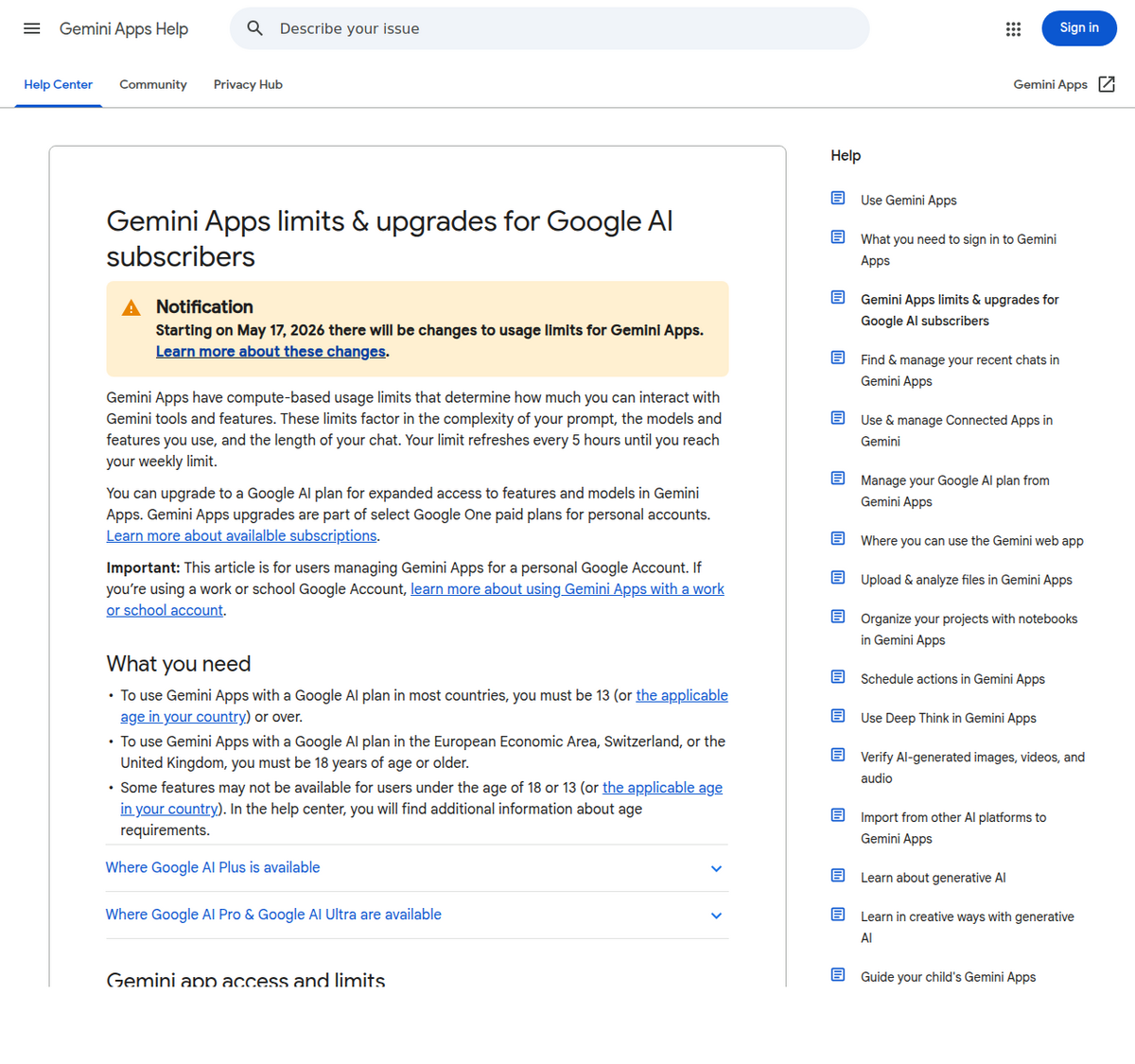 Página de ajuda dos apps Gemini do Google, intitulada 'Limites e upgrades dos apps Gemini para assinantes do Google AI', explicando o sistema de limite de uso baseado em computação que determina o acesso às ferramentas e recursos do Gemini.