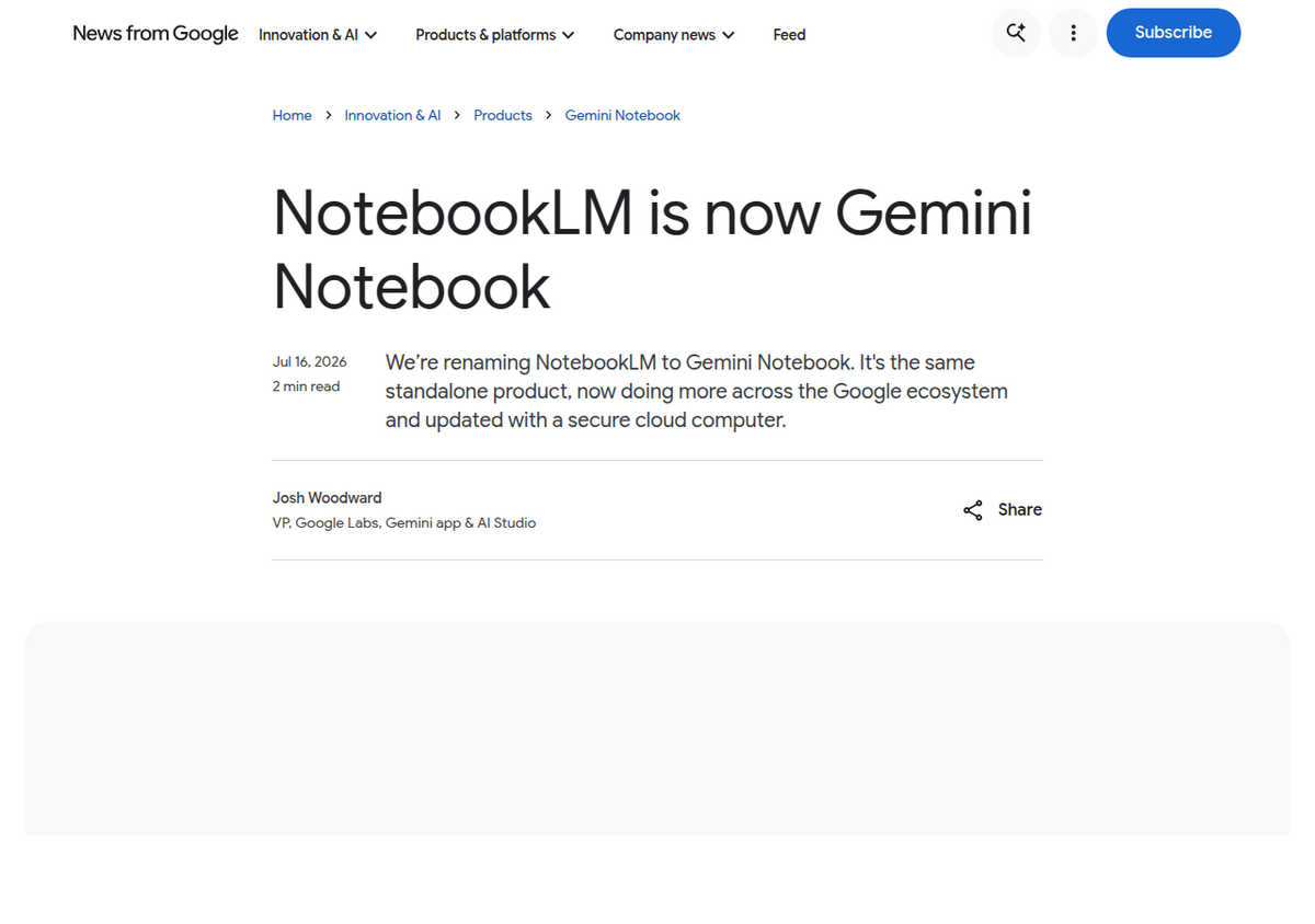 La entrada del blog de noticias de Google titulada «NotebookLM is now Gemini Notebook», fechada el 16 de julio de 2026.