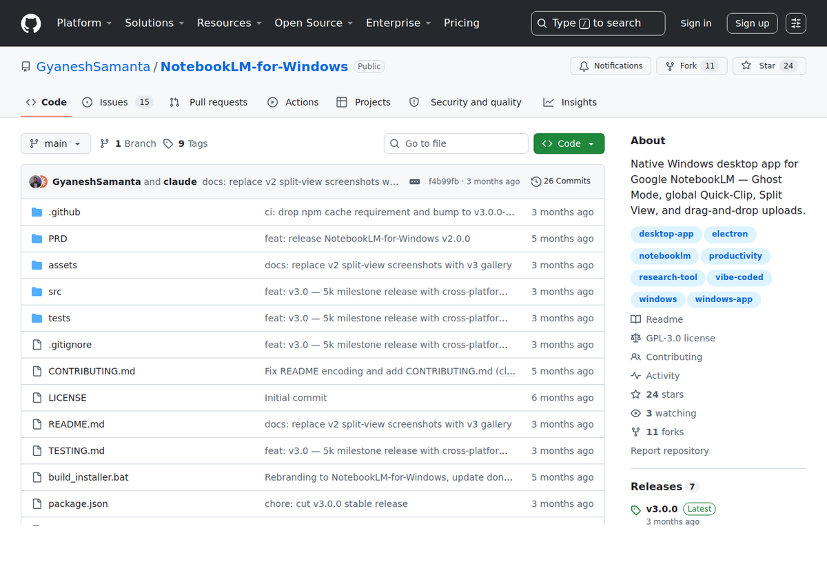 La page GitHub du dépôt NotebookLM-for-Windows, affichant 24 étoiles, 11 forks, 15 tickets ouverts et la v3.0.0 comme dernière version.