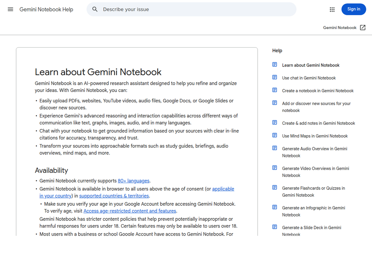 La page d'aide Gemini Notebook de Google, « Learn about Gemini Notebook », dont la section disponibilité indique que le produit est accessible dans le navigateur.
