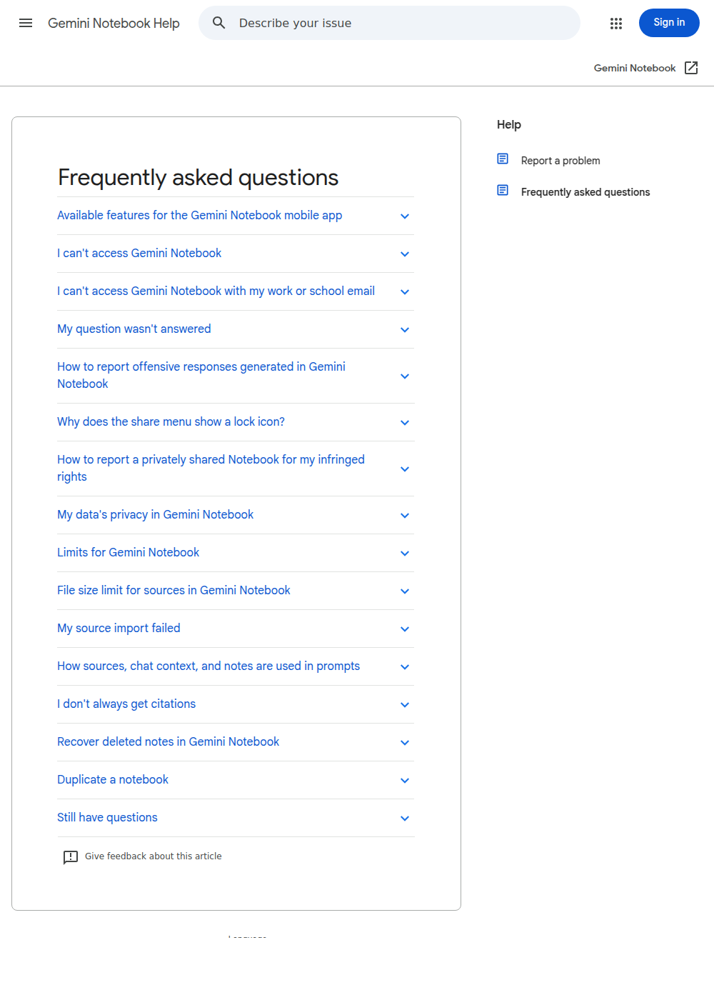 Google Gemini NotebookのFAQヘルプページ。折りたたまれた項目の中に「ノートブックの複製」という質問が並んでいる