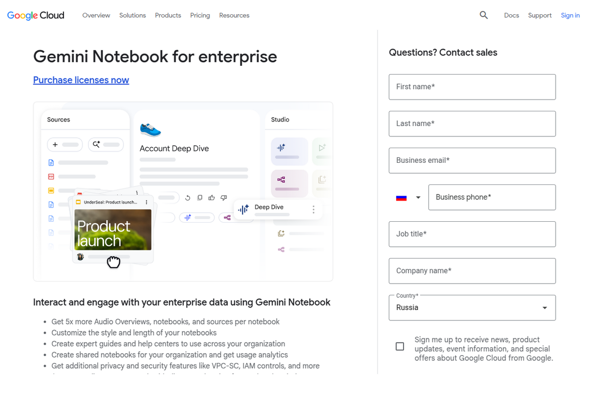 Google Cloud's official 'Gemini Notebook for enterprise' product page, showing the notebook interface and a bullet list of enterprise features including 5x more Audio Overviews and VPC-SC security controls