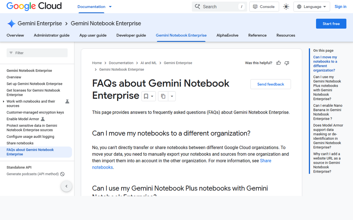 Google Clouds Dokumentationsseite zu den Gemini Notebook Enterprise FAQ, mit einem Eintrag zur Frage, ob Nano Banana in Gemini Notebook Enterprise aktiviert werden kann