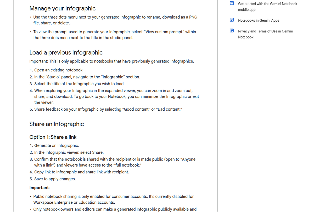 A later section of the same help page: download as a PNG file from the three-dot menu, and public sharing disabled for Workspace Enterprise or Education accounts.