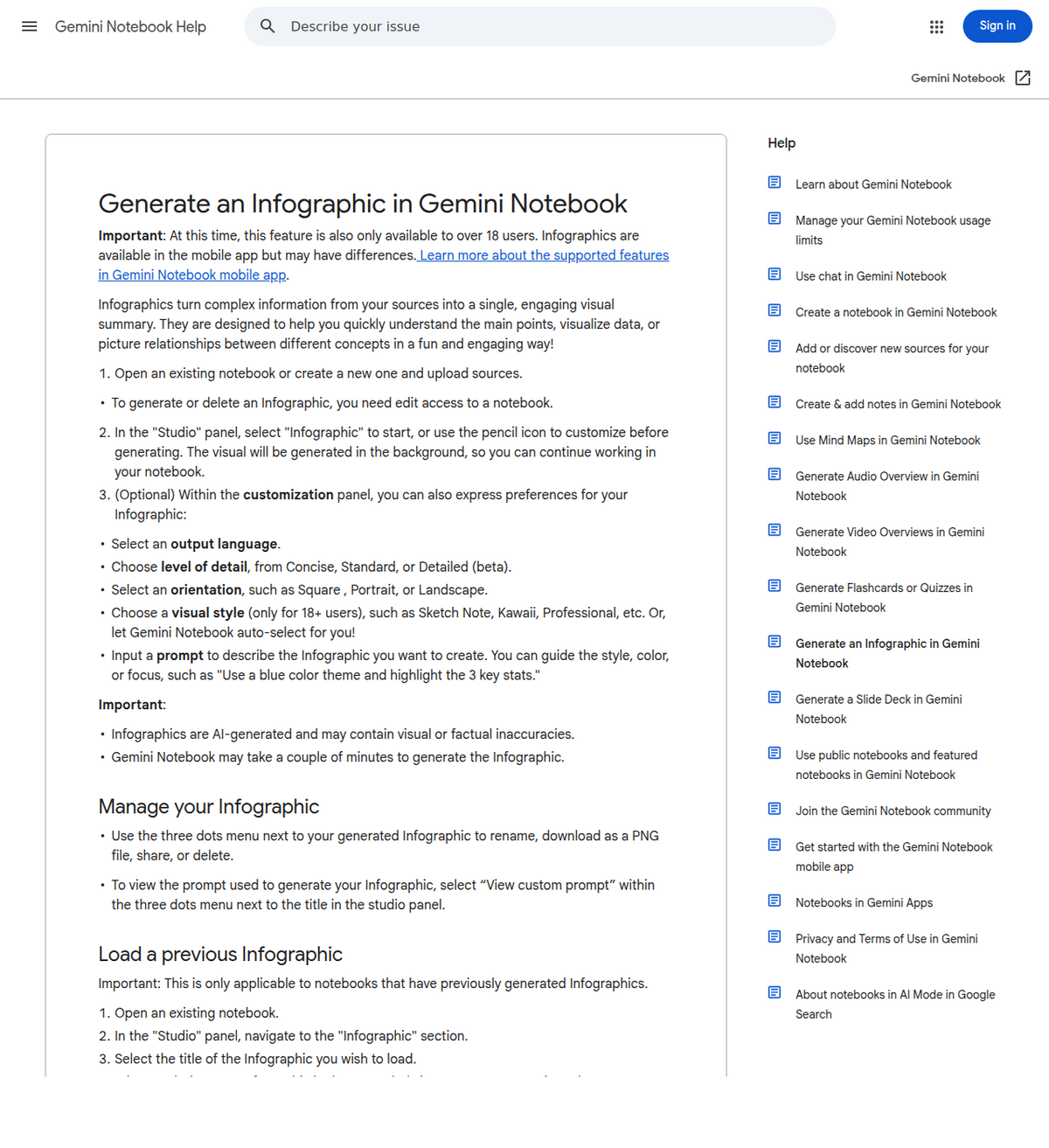 Google's help page "Generate an Infographic in Gemini Notebook", listing the customization settings: output language, level of detail, orientation, visual style and a prompt.