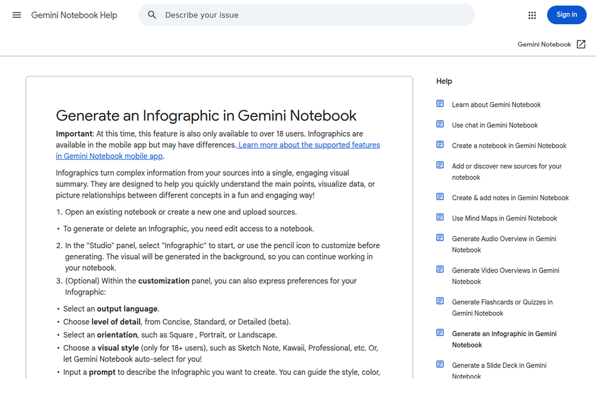 Google's help page "Generate an Infographic in Gemini Notebook", listing the customization settings: output language, level of detail, orientation, visual style and a prompt.