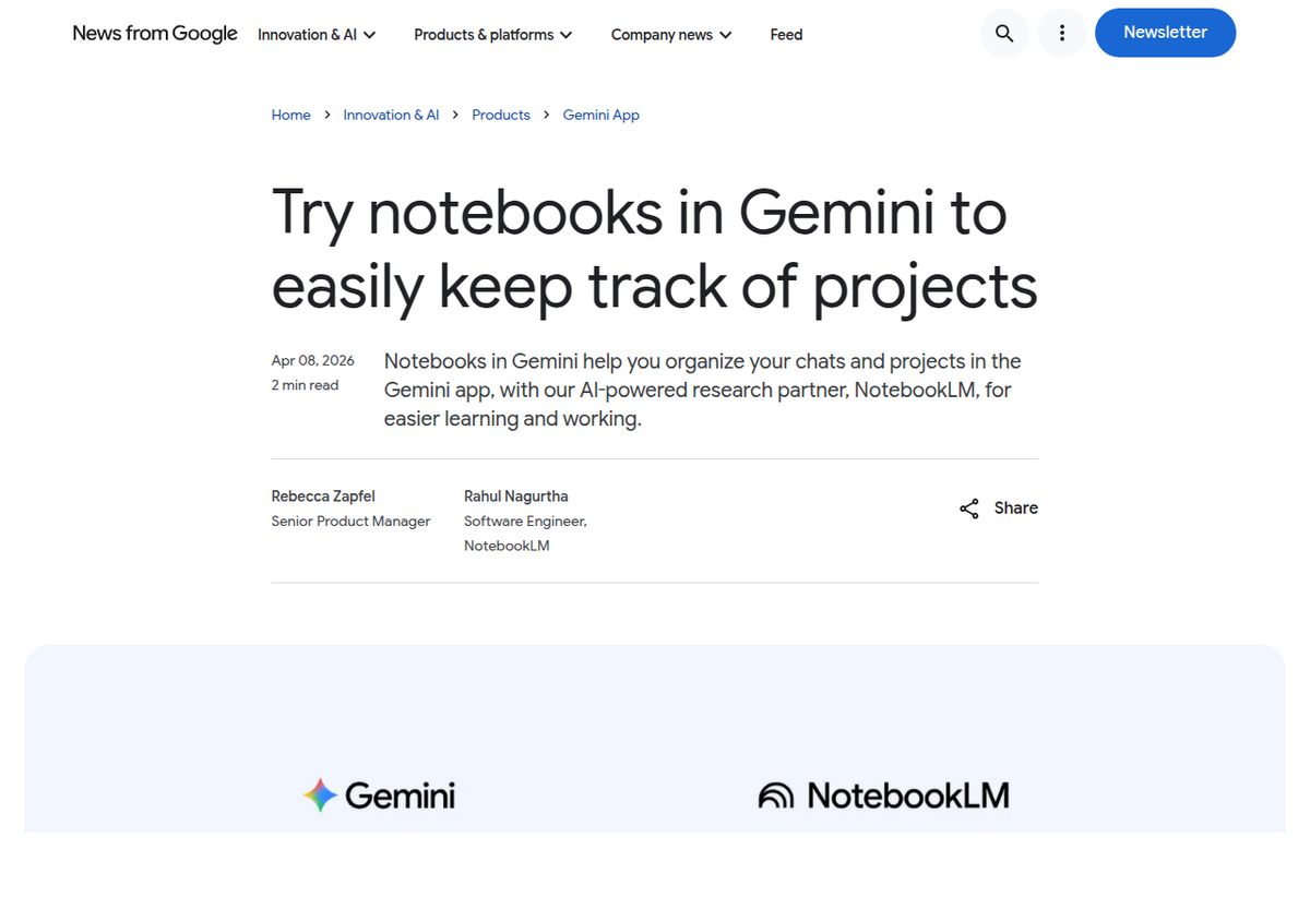 Google's 8 April 2026 blog post announcing Notebooks in Gemini, showing both the Gemini and NotebookLM logos together
