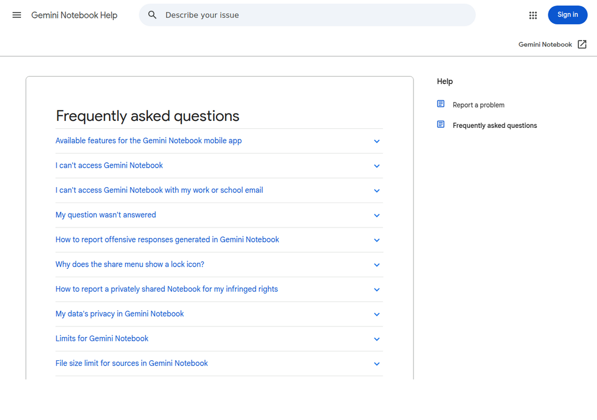 Google's official Gemini Notebook (NotebookLM) support FAQ page listing conversation history as an input used to generate responses