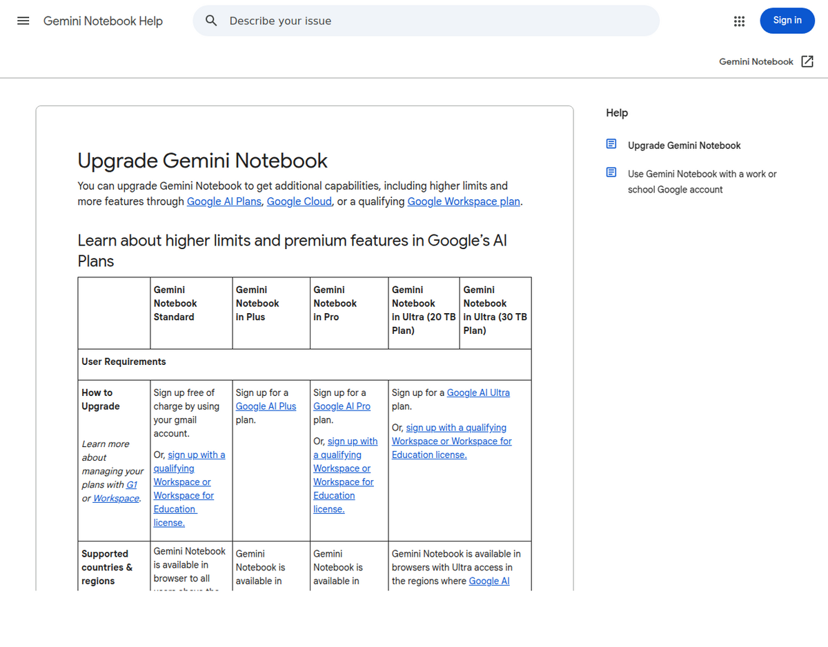 Google's official 'Upgrade Gemini Notebook' support page showing the tier comparison table for Standard, Plus, Pro, and Ultra plans