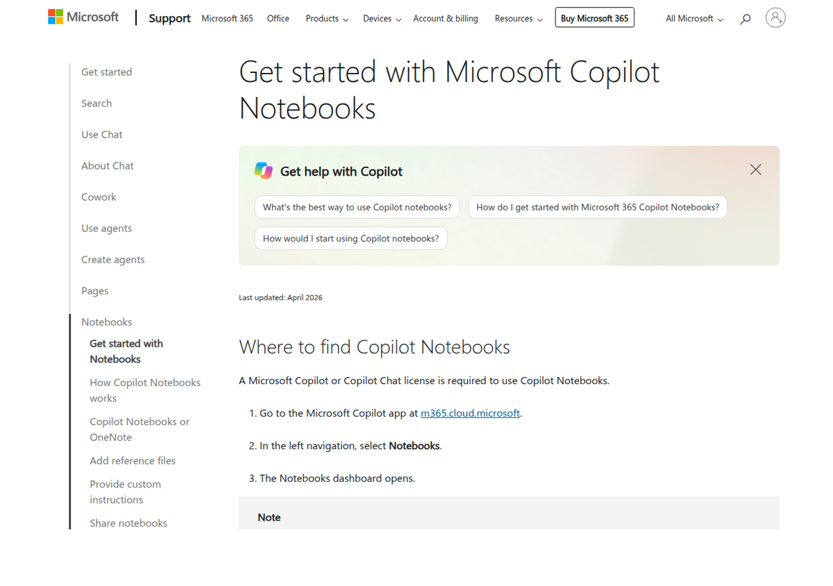 Microsoft 365 Copilot Notebooks के साथ शुरुआत करने के लिए Microsoft का आधिकारिक सपोर्ट दस्तावेज़ीकरण पेज