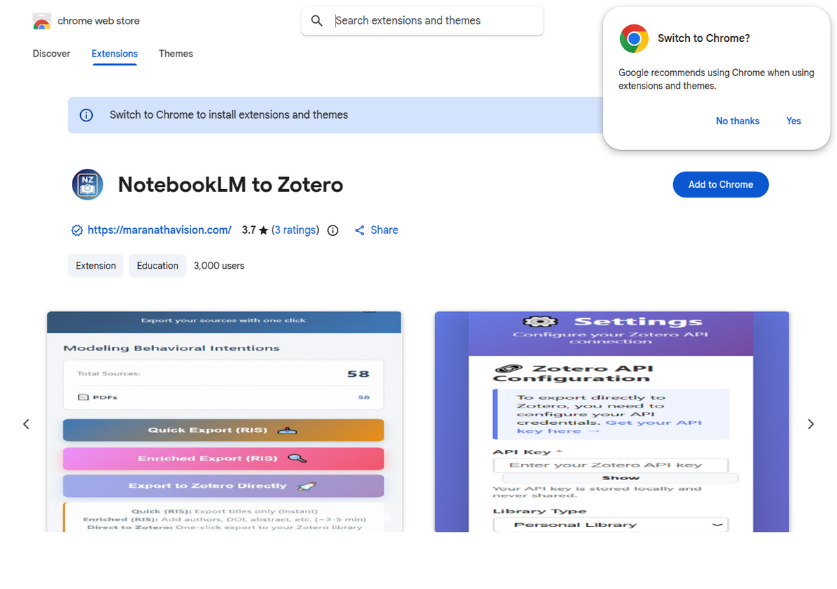 『NotebookLM to Zotero』拡張機能のChromeウェブストアの掲載ページ。利用者数3,000人、レビュー3件による評価3.7、そして3つのエクスポートモード——Quick Export(RIS)、Enriched Export(RIS)、Zotero APIキーが必要なExport to Zotero Directly——が表示されている。