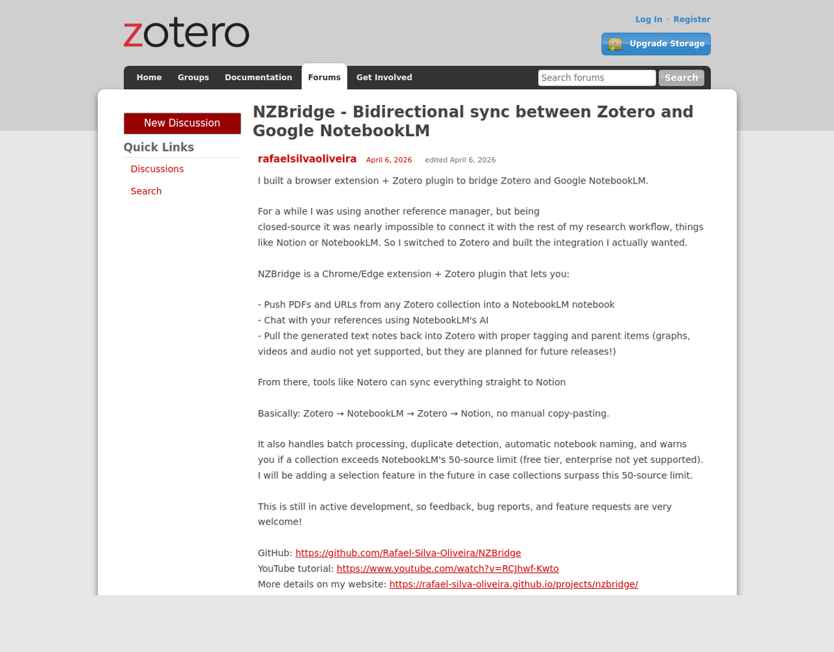 開発者rafaelsilvaoliveiraによる『NZBridge - Bidirectional sync between Zotero and Google NotebookLM』というタイトルのZoteroフォーラム投稿。ツールの機能説明と、無料プランの50ソース上限に関する警告が書かれている。